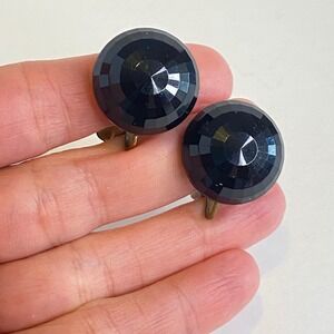 Dalsheim Vintage Black Faceted Lucite Domed Clip On Earrings Brass Tone 0.8"